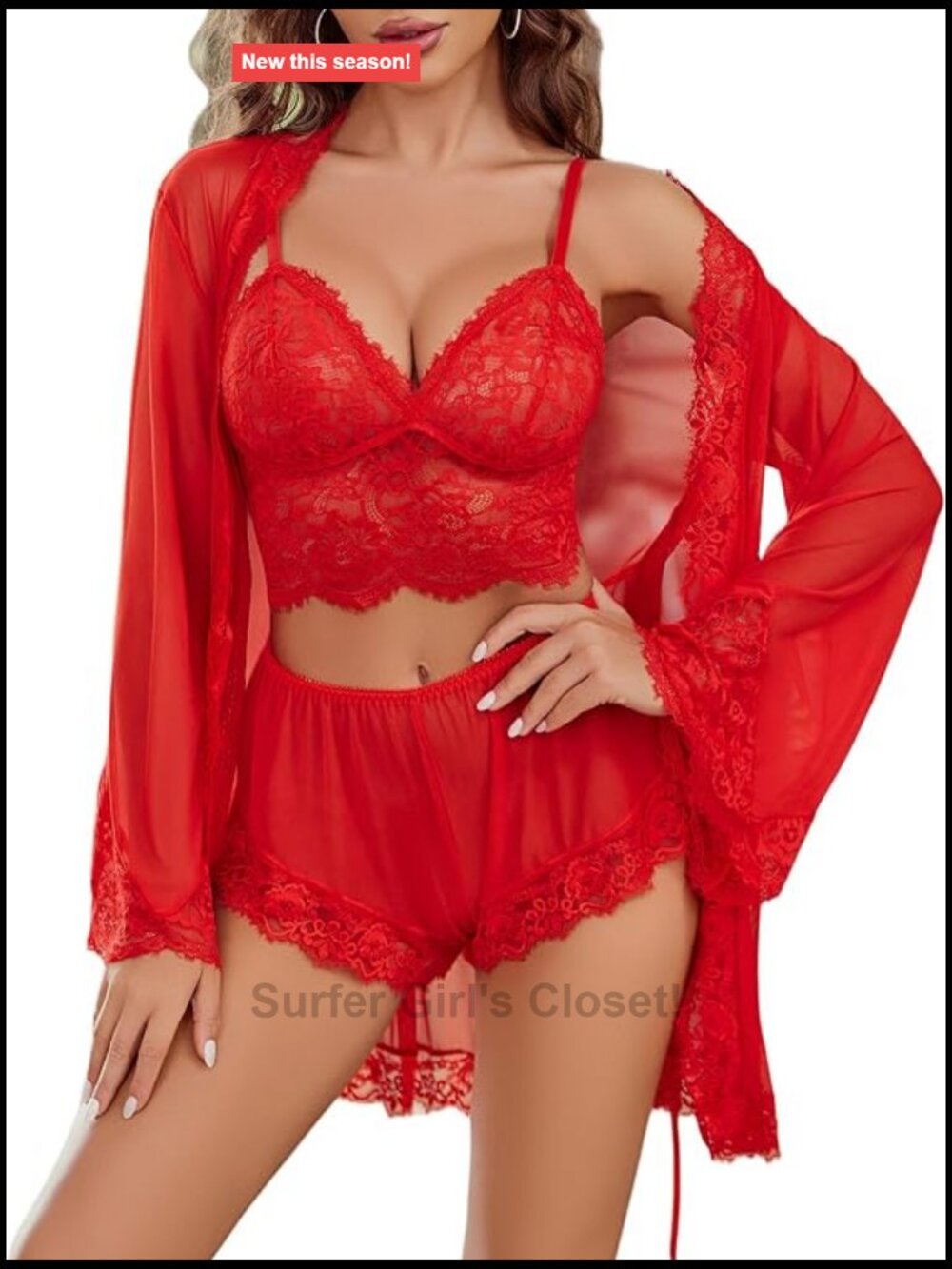 3 Piece Lace Lingerie Set with Mesh Robe, Bralette & Panty, Bridal Sleepwear